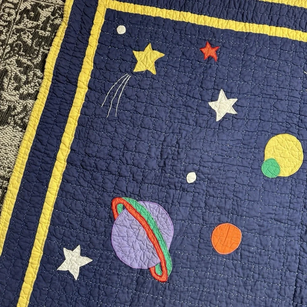 Vintage Space Quilt Twin Size 82x61.5 Rocket‎ Planet Solar System Kids Blanket